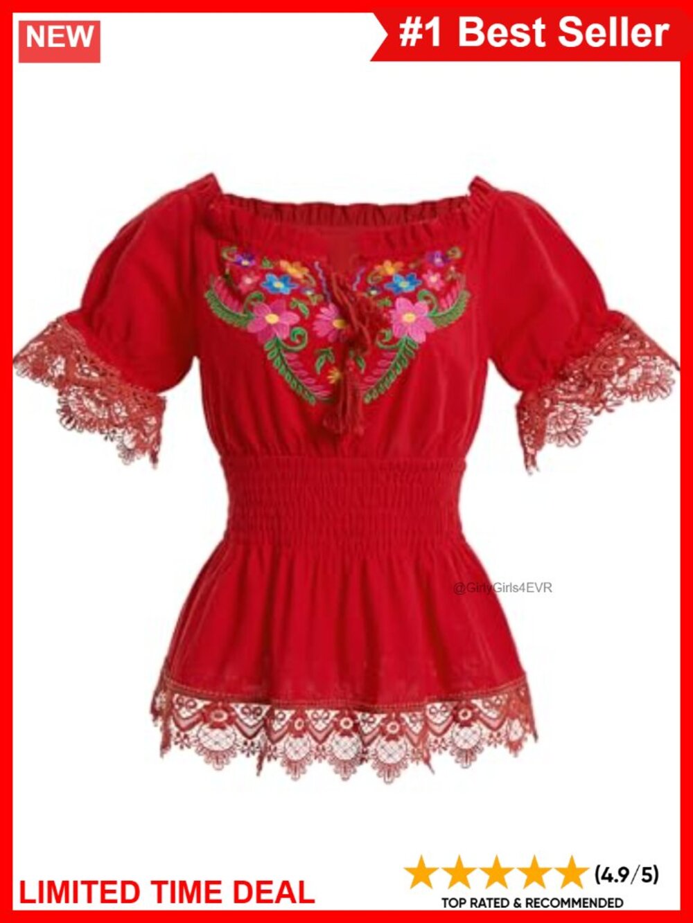 Mexican Embroidered Off Shoulder Cotton Blouse Lace Up Peasant Top